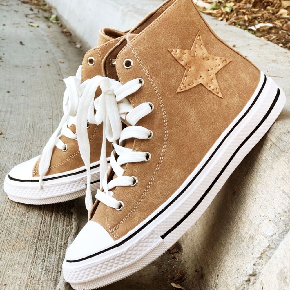 NEW High Top Faux Leather Stitch Star Patch Casual Sneakers Shoes Camel Beige - Picture 6 of 11